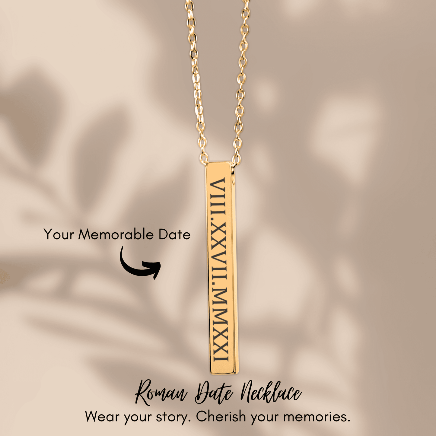 Roman Date Necklace, Vertical Bar Necklace