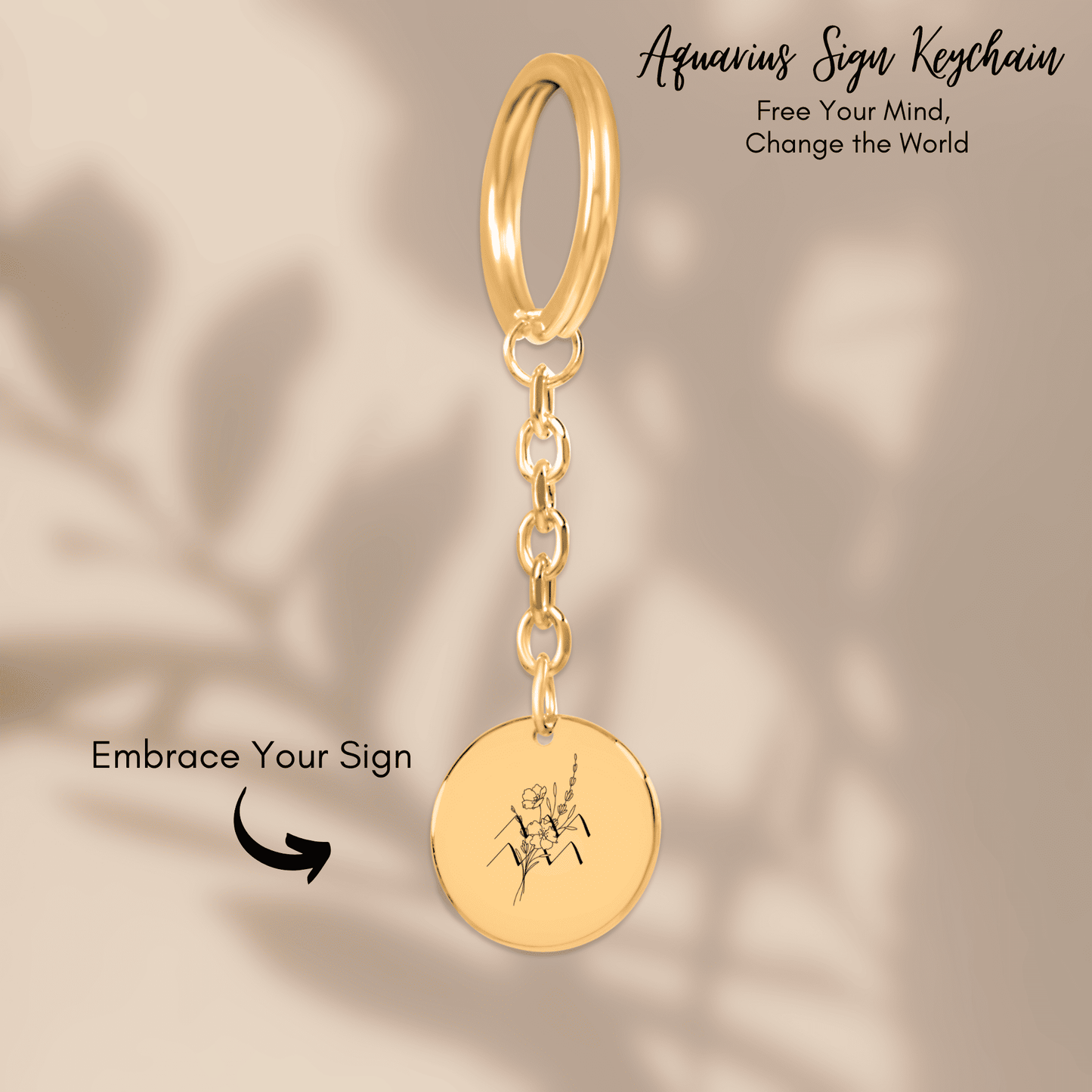 Aquarius Floral Zodiac Sign Coin Keychain