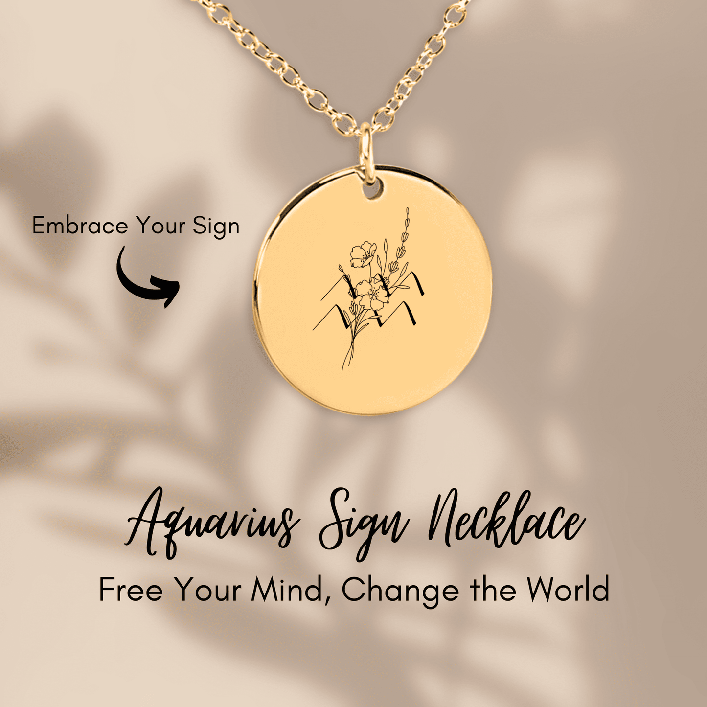 Aquarius Floral Zodiac Sign Coin Necklace