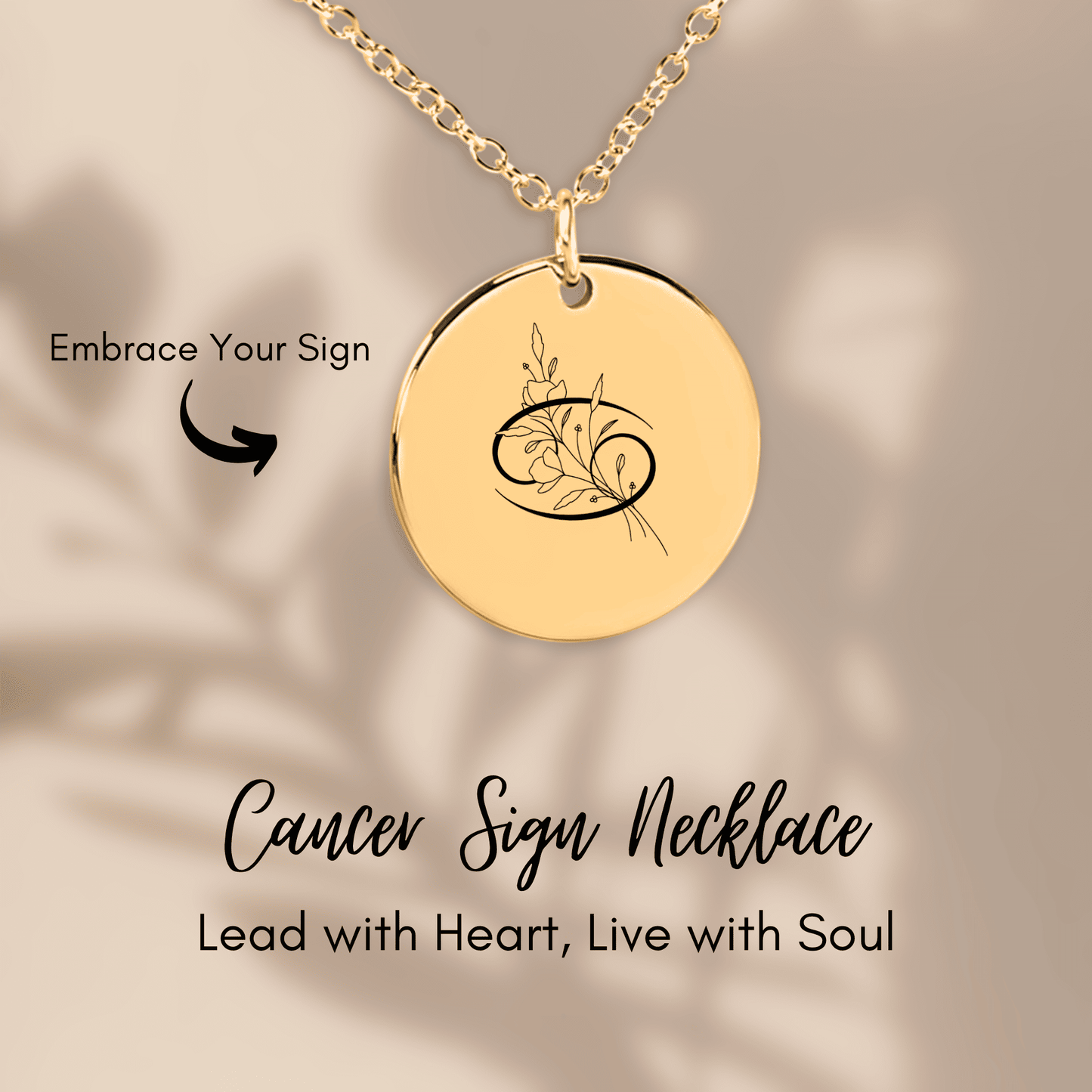 Cancer Floral Zodiac Sign Coin Necklace