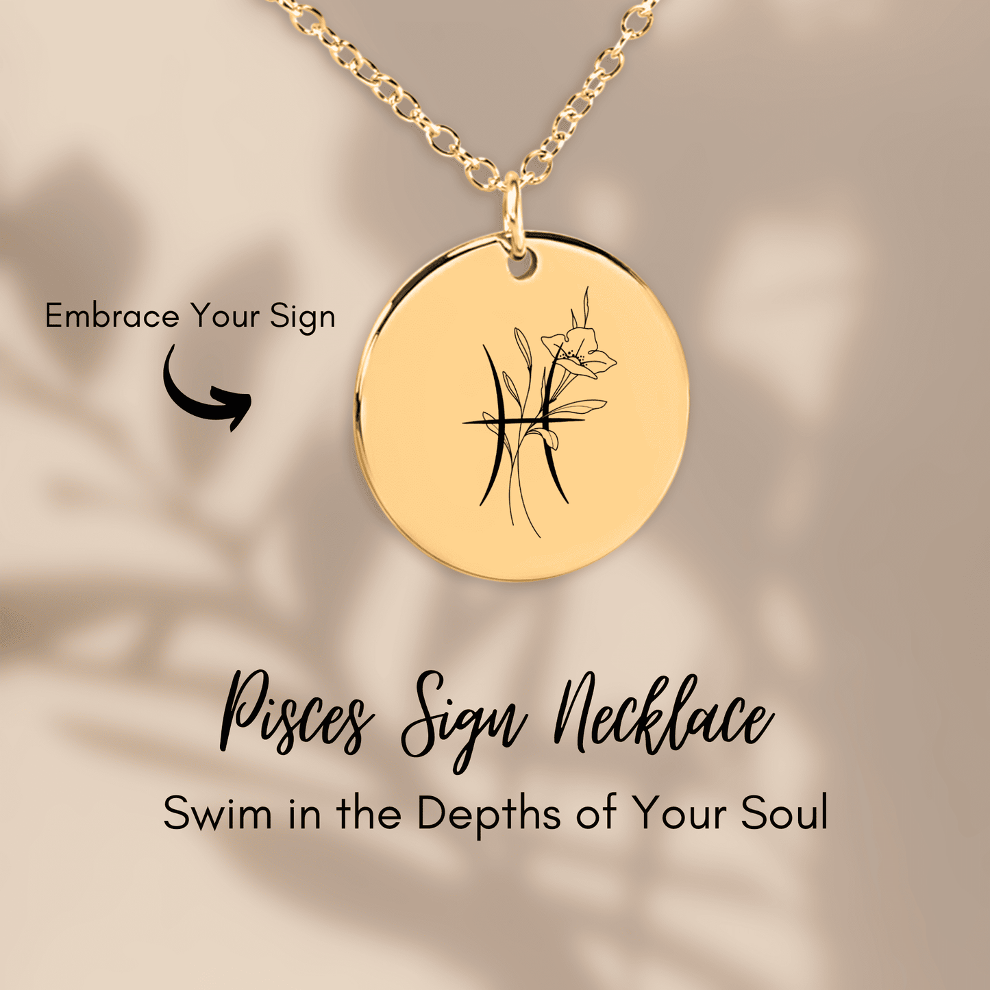 Pisces Floral Zodiac Sign Coin Necklace