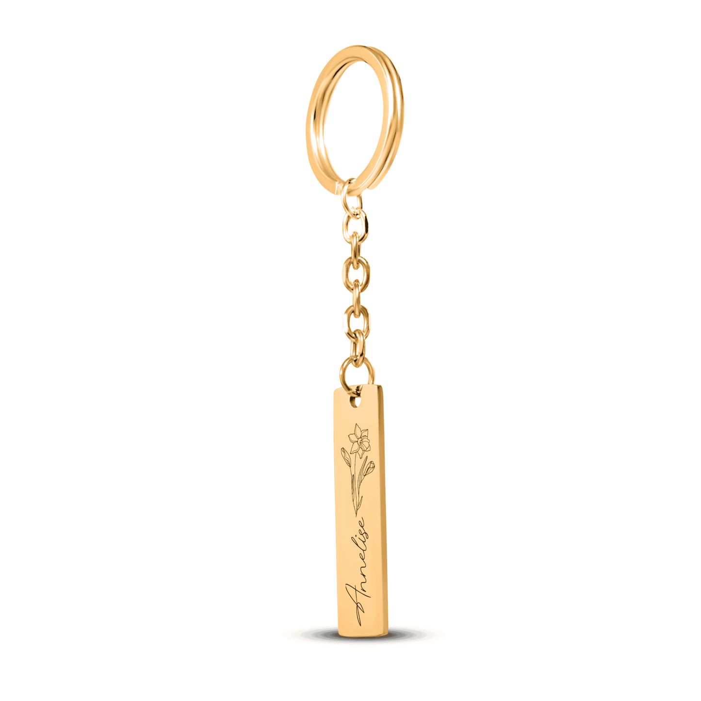 Name & Birthflower Vertical Bar Keychain