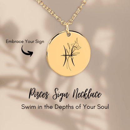 Pisces Floral Zodiac Sign Coin Necklace