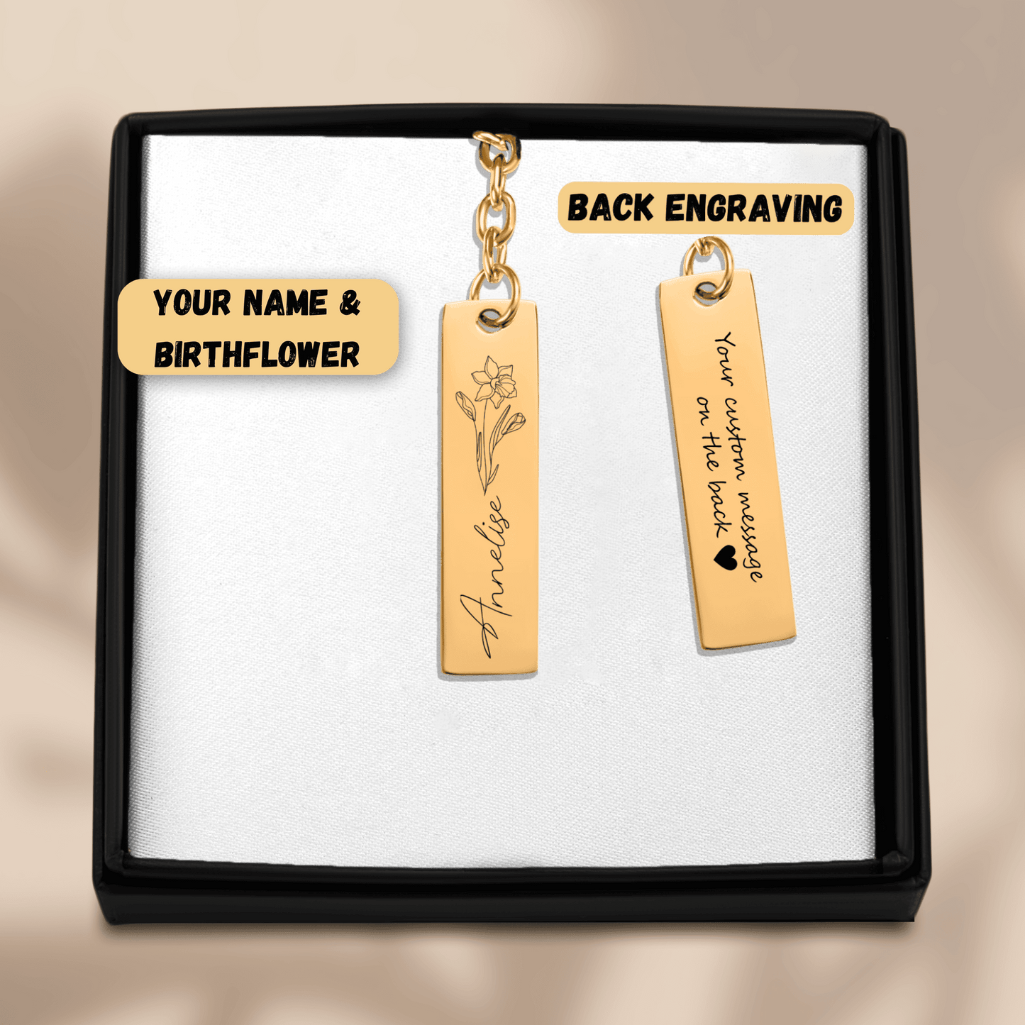 Name & Birthflower Vertical Bar Keychain