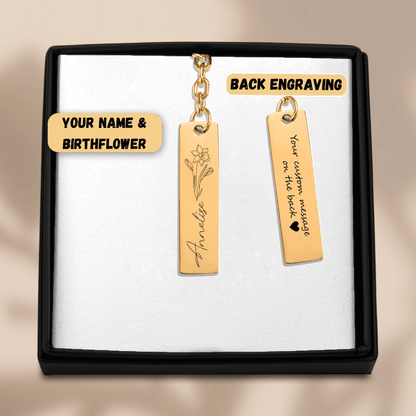 Name & Birthflower Vertical Bar Keychain