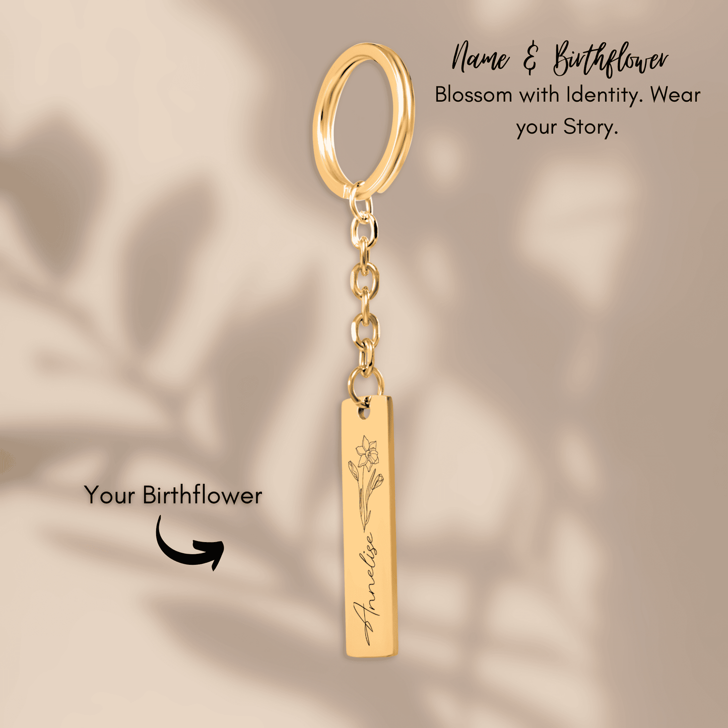 Name & Birthflower Vertical Bar Keychain
