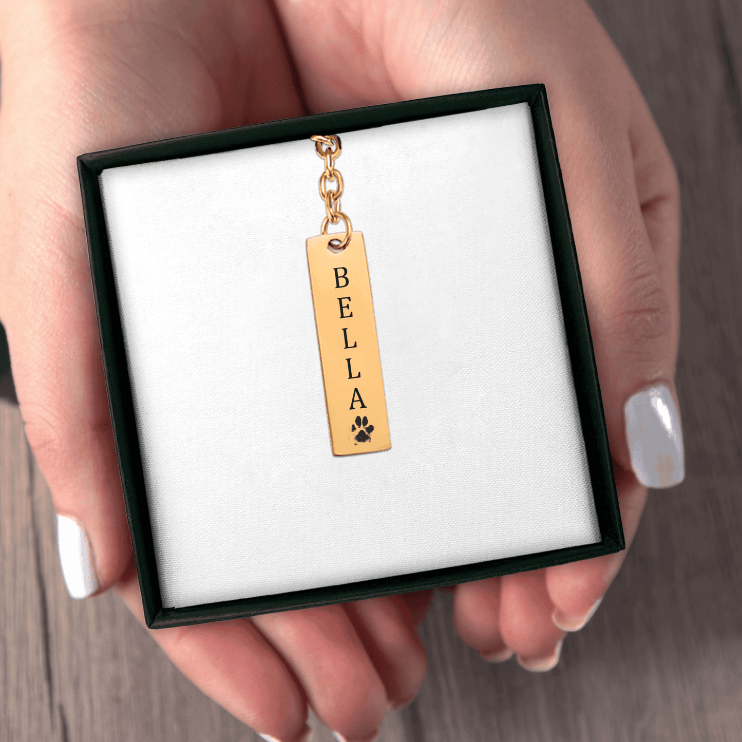 Pet's Name & Paw Print Vertical Bar Keychain